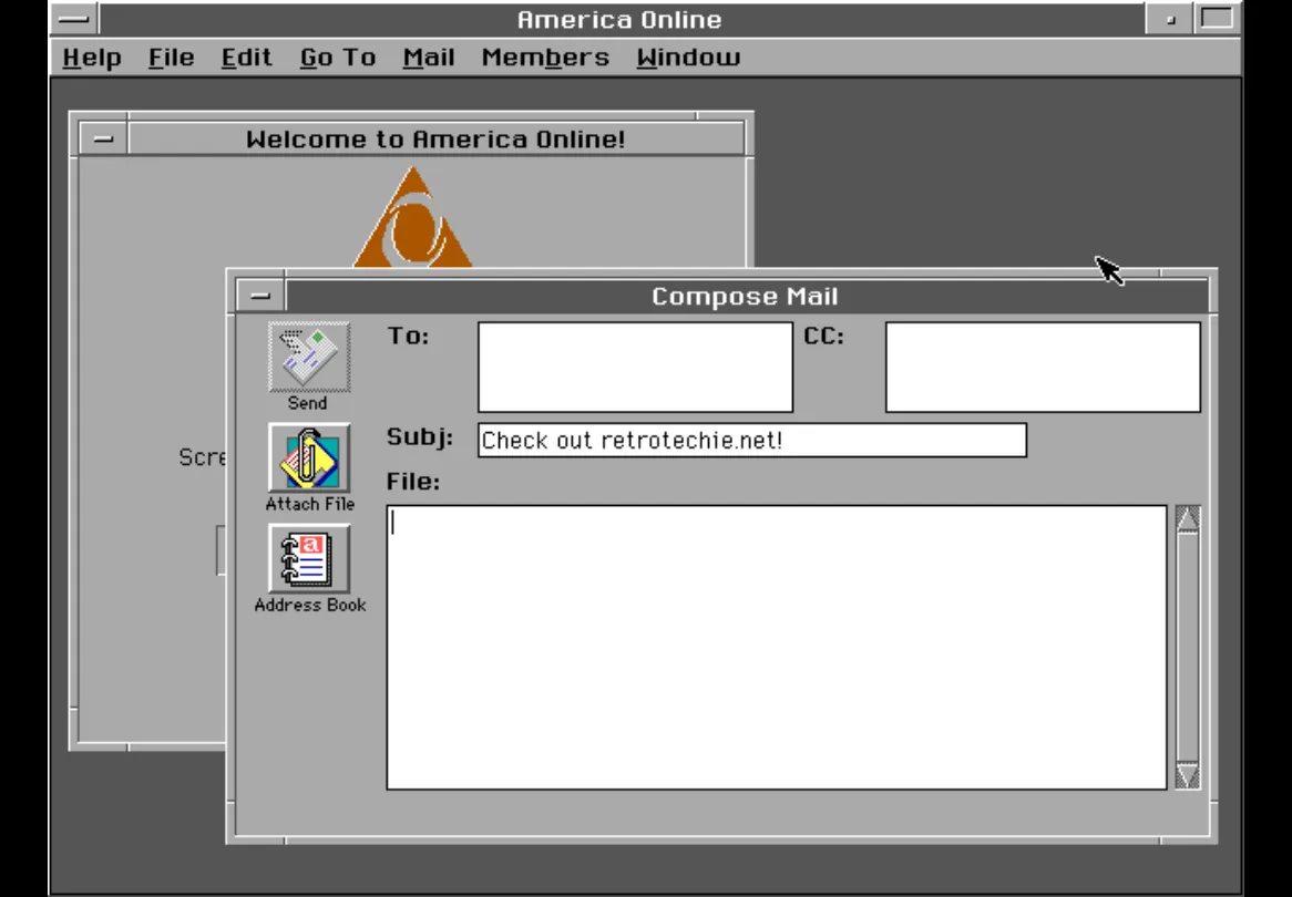 Writing an email in AOL 1.3 for DOS (GeoWorks)
