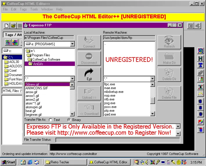 CoffeeCup HTML Editor’s built-in FTP utility. Something tells me that it required registration in order to use… 
