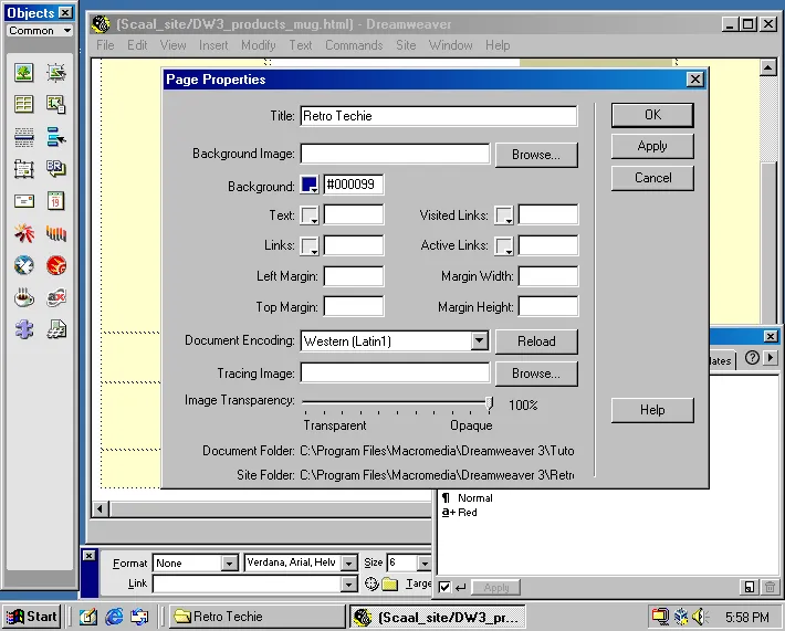 Page properties in DreamWeaver 3