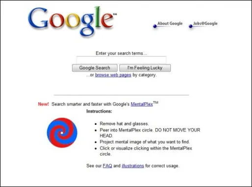 Google’s first April Fool’s Day prank: Google MentalPlex on April 1, 2000