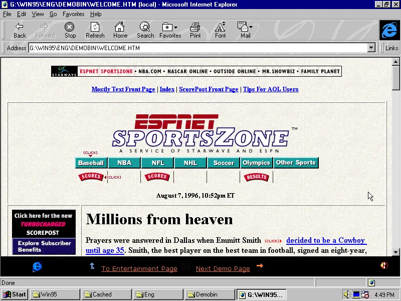ESPN’s website in 1996 (from the Microsoft Internet Explorer Starter Kit CD-ROm)