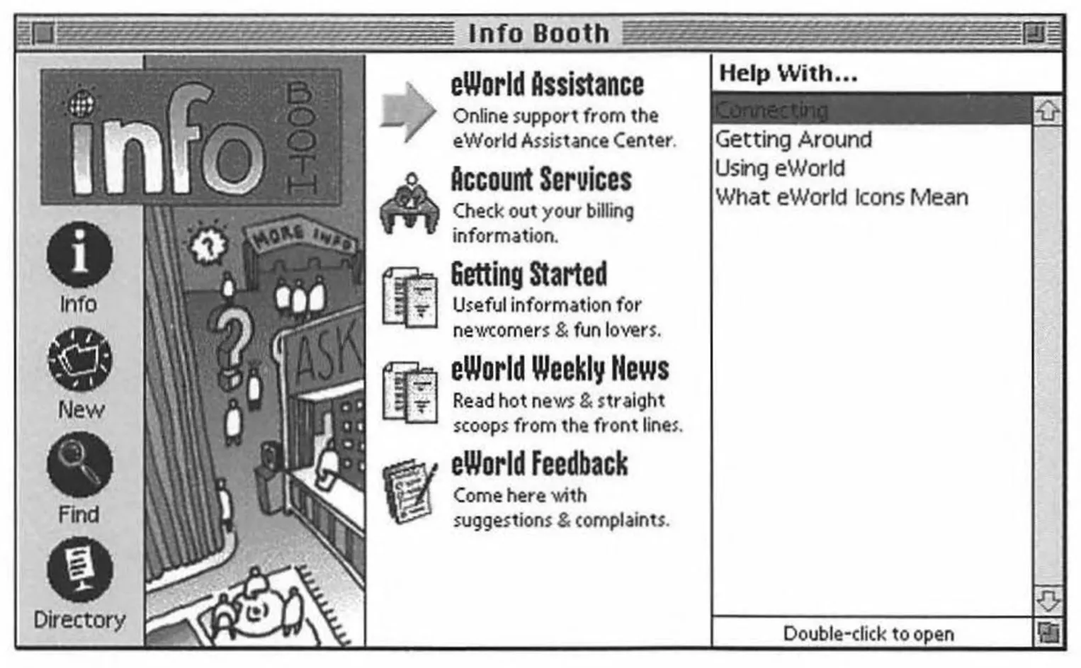 eWorld Info Booth (Source:  Lu, Cary, and John Milligan. “eWorld: The Official Guide for Macintosh Users.” Edited by Ross Scott Rubin, Apple Computer, 1994.)