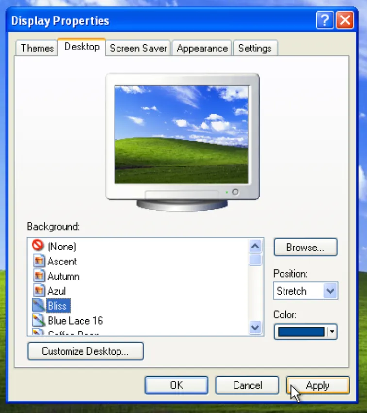 Bliss wallpaper in Windows XP