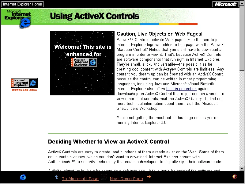 ActiveX: the plug-in that made IE feel powerful… and your IT department feel powerless. 🤣 (from the Microsoft Internet Explorer Starter Kit, 1996)