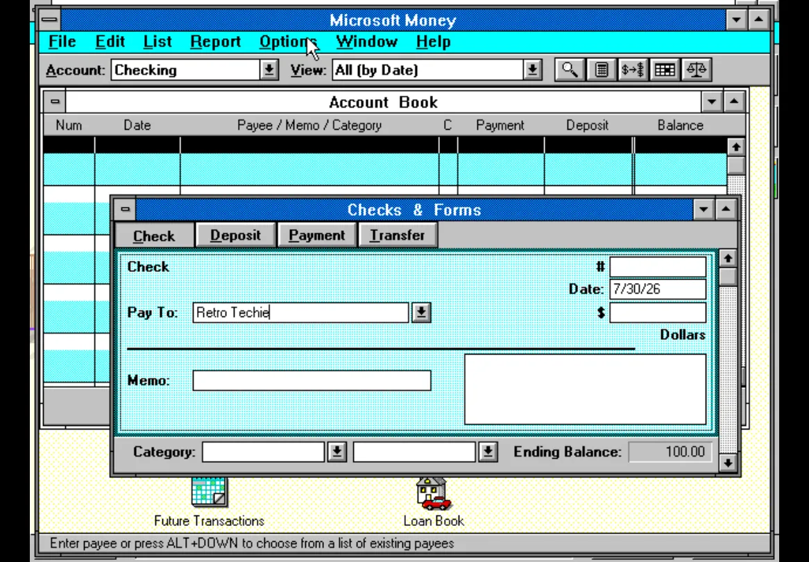 “Writing” a check in Microsoft Money 2.0 on Windows 3.1
