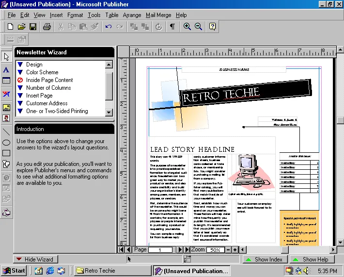 Creating a newsletter in Microsoft Publisher 98