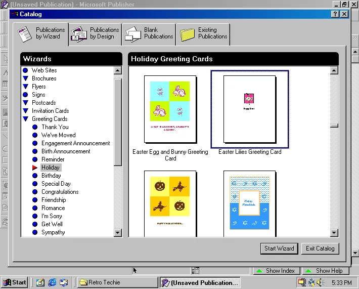 Creating a greeting card in Microsoft Publisher 98