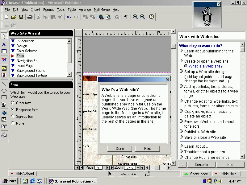 Microsoft Publisher 98 explaining what a website is