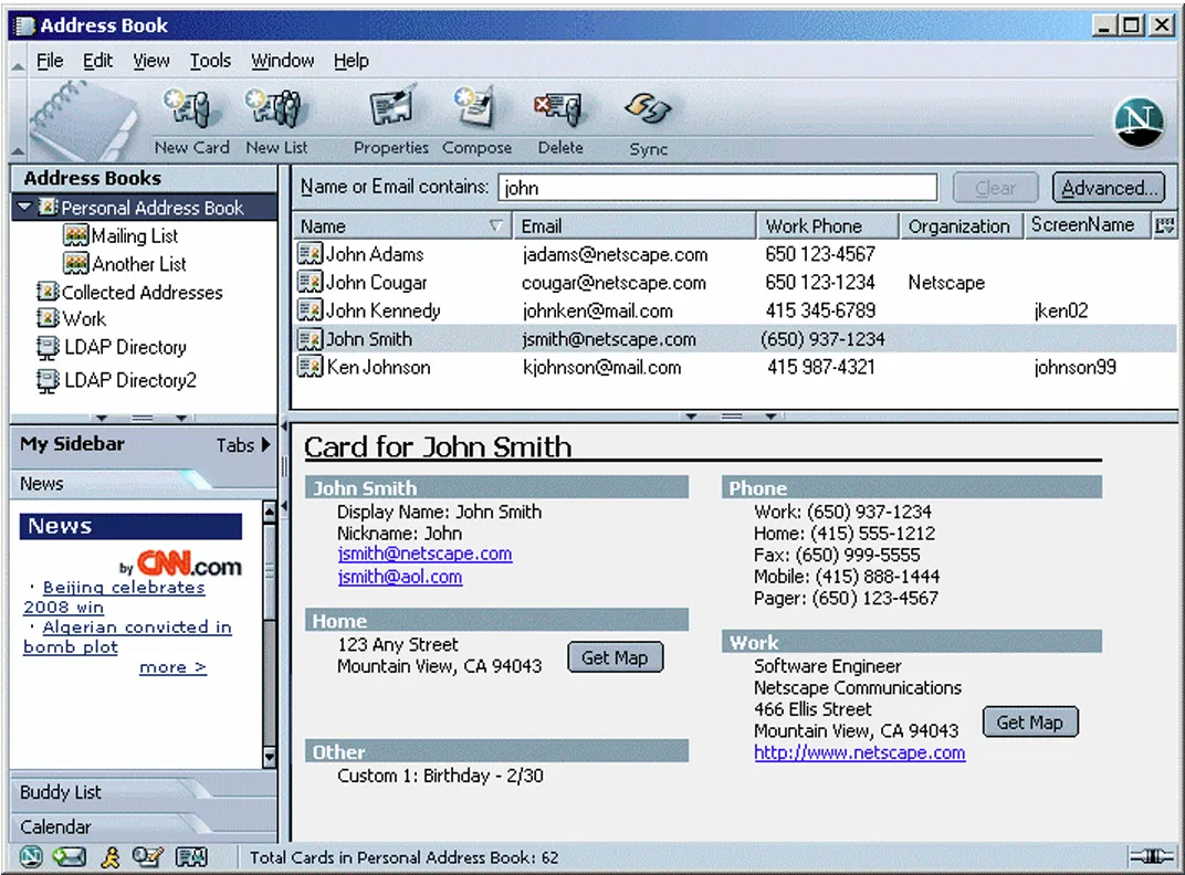 Netscape’s Address Book in 2002