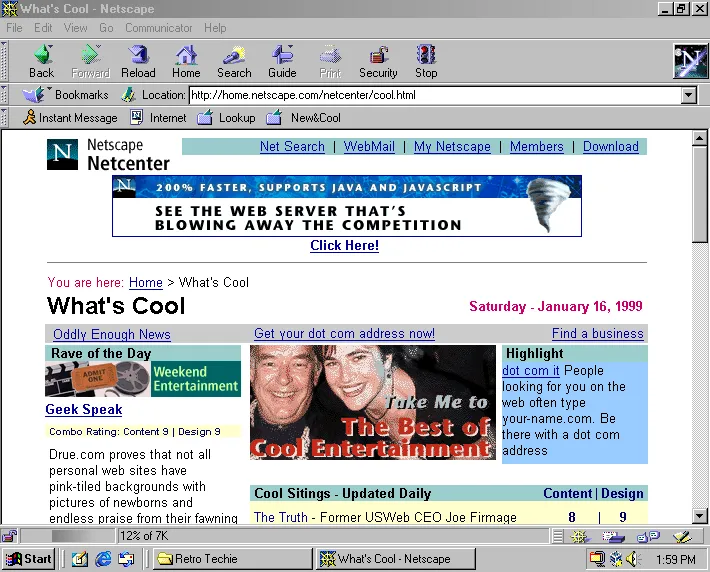 Netscape’s “What’s Cool” section in 1999
