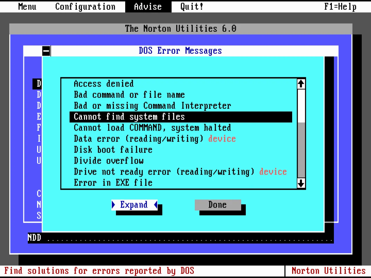 Looking up DOS error messages in Norton Utilities 6.0