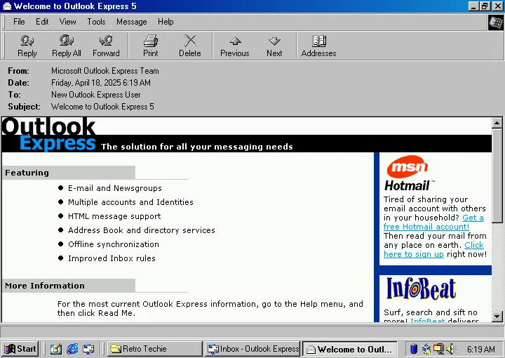 The Welcome email in Outlook Express 5