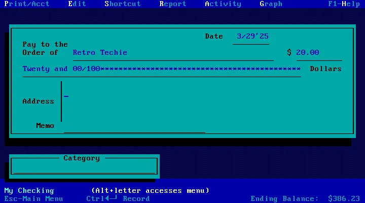“Writing” a check in Quicken 6.0 for DOS