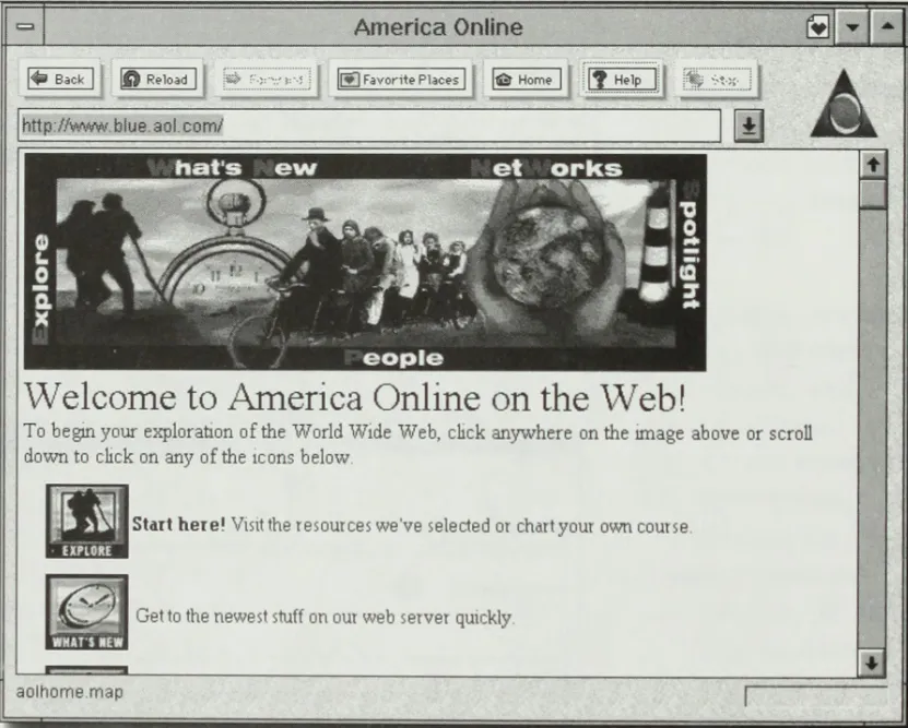 AOL in 1995. 
From the book “America Online’s Internet for Windows: Easy Graphical Access - The AOL Way” by Tom Lichty.