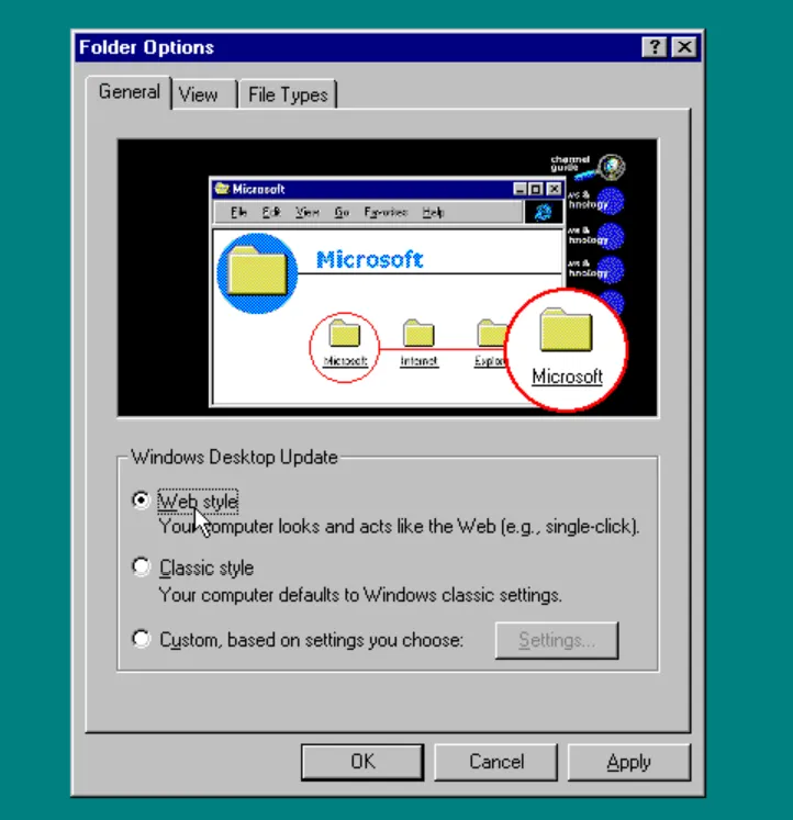 Folder options in Windows 95 (after installing IE4)