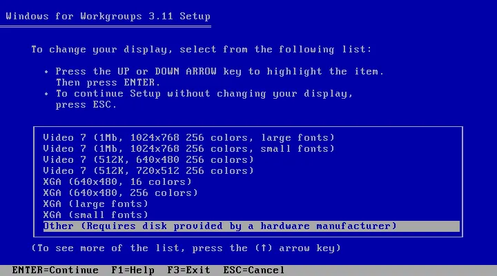Windows for Workgroups 3.11 Setup: Select your display