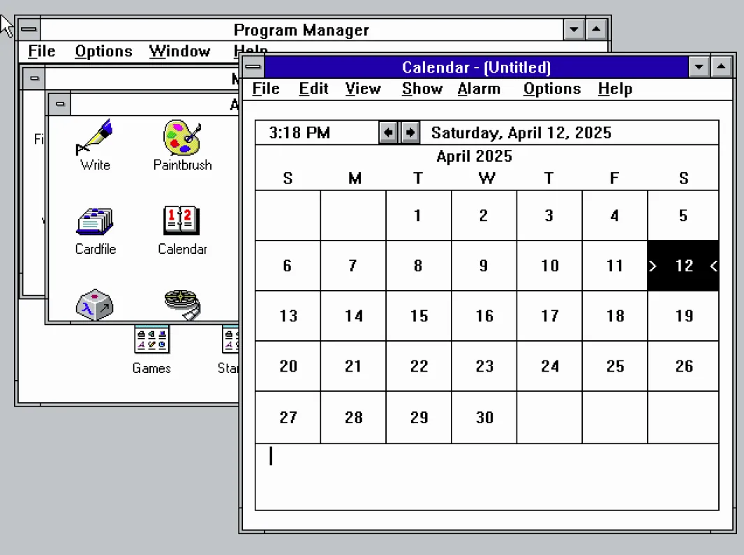 The calendar application in Windows 3.11