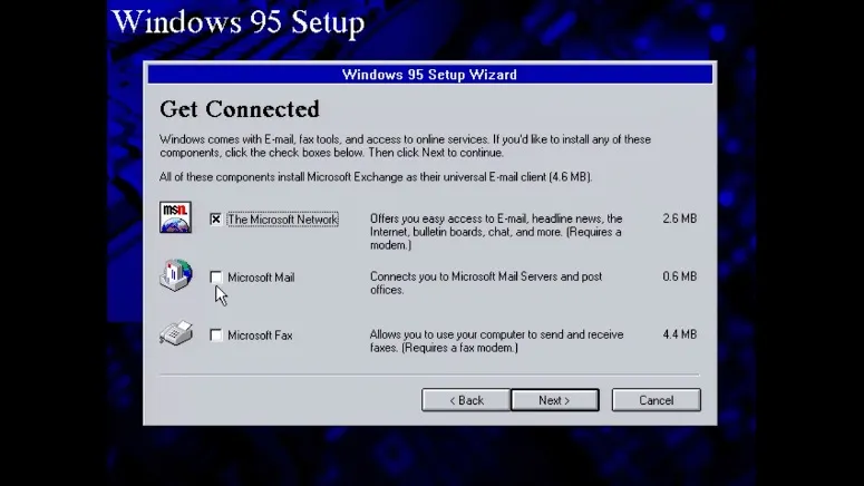 Selecting your online services when installing Windows 95