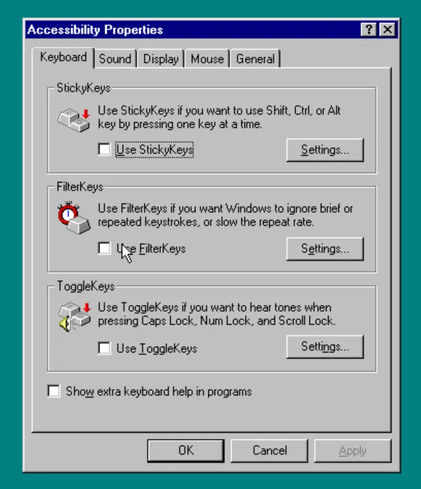 Accessibility options in Windows 95