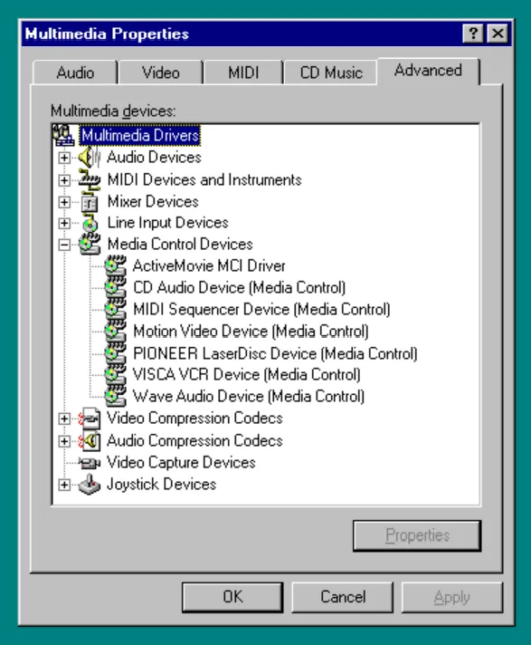 Multimedia properties in Windows 95