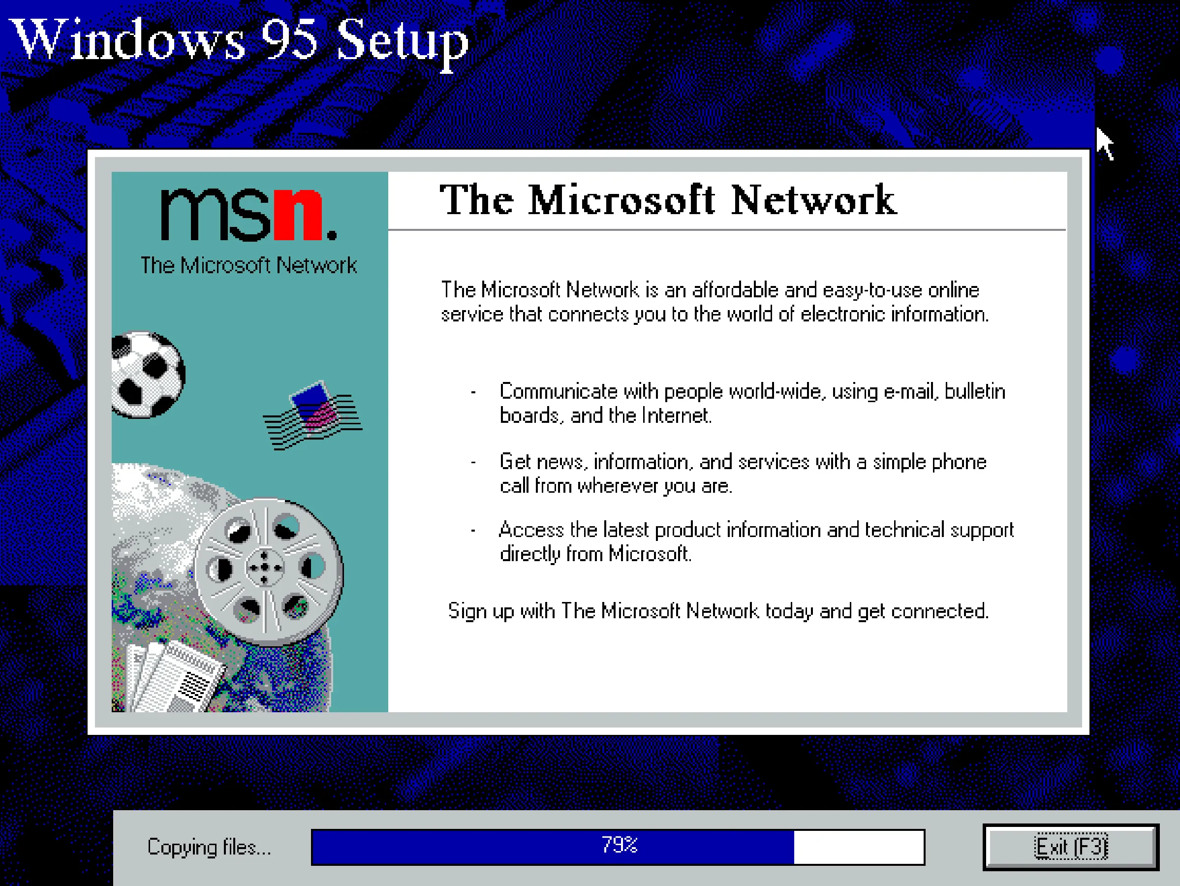 Splash screen for The Microsoft Network while setting up Windows 95.