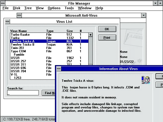 Microsoft Anti-Virus in 1993 (it was included with MS-DOS 6 and offered a Windows 3.1 application as well)