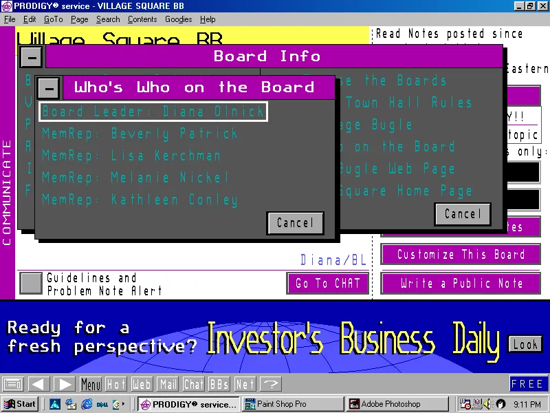 Prodigy’s bulletin boards (captured Oct 1999 by Bill Claydon)