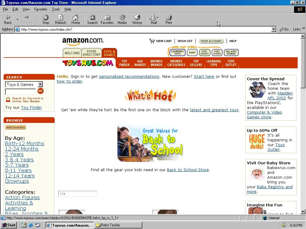 The Toys ‘R Us website in October 2000 (after it transitioned to Amazon)